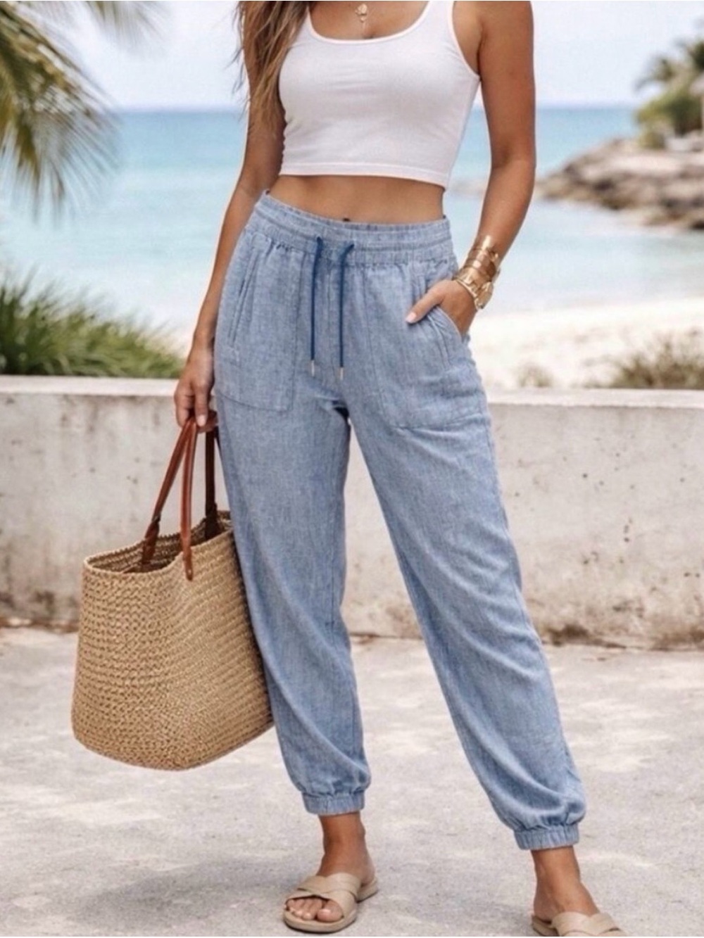 Athleta Retreat Linen Jogger Pants 12 Tall Chambray Blue